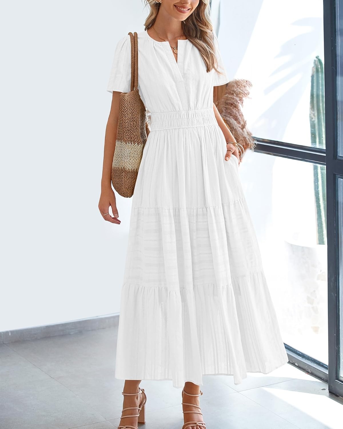 image:imageBTFBM Womens Summer 2026 Casual Midi Maxi Dresses Lightweight Short Sleeve V Neck Elastic Waist Boho Beach Dress PocketsWhite