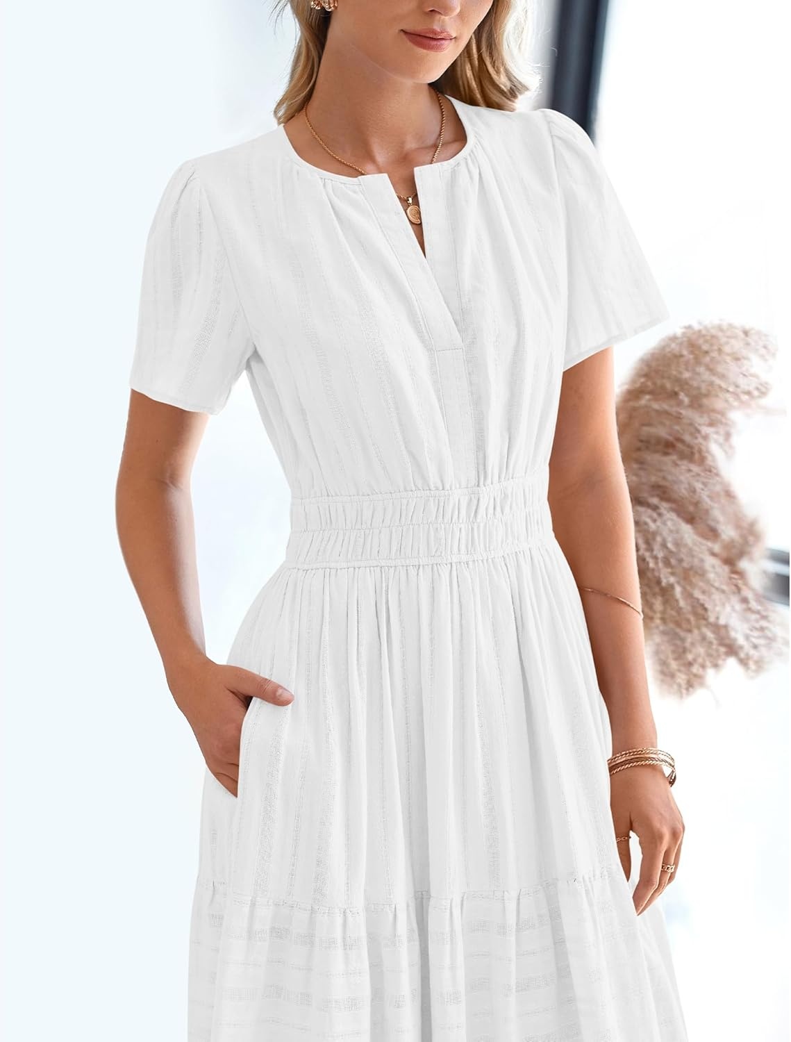 image:imageBTFBM Womens Summer 2026 Casual Midi Maxi Dresses Lightweight Short Sleeve V Neck Elastic Waist Boho Beach Dress PocketsWhite