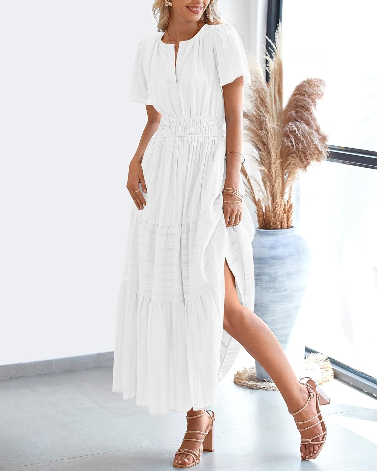 image:imageBTFBM Womens Summer 2026 Casual Midi Maxi Dresses Lightweight Short Sleeve V Neck Elastic Waist Boho Beach Dress PocketsWhite