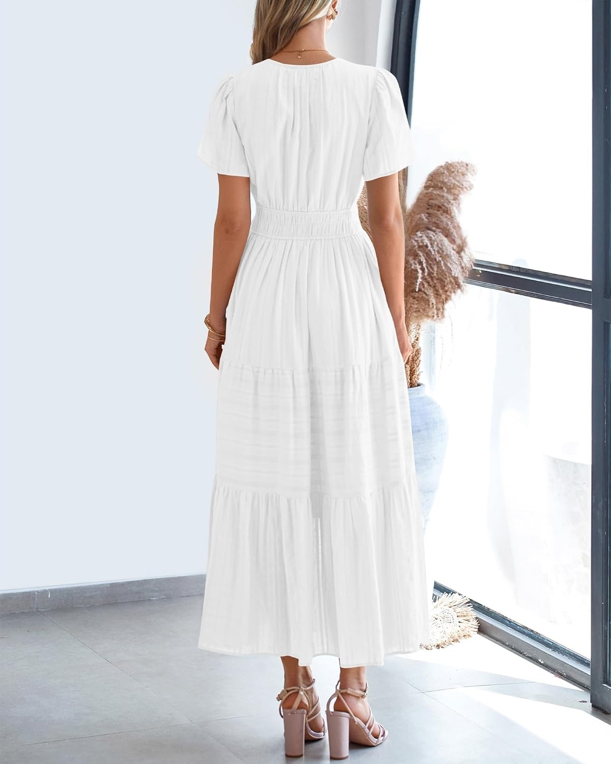 image:imageBTFBM Womens Summer 2026 Casual Midi Maxi Dresses Lightweight Short Sleeve V Neck Elastic Waist Boho Beach Dress PocketsWhite