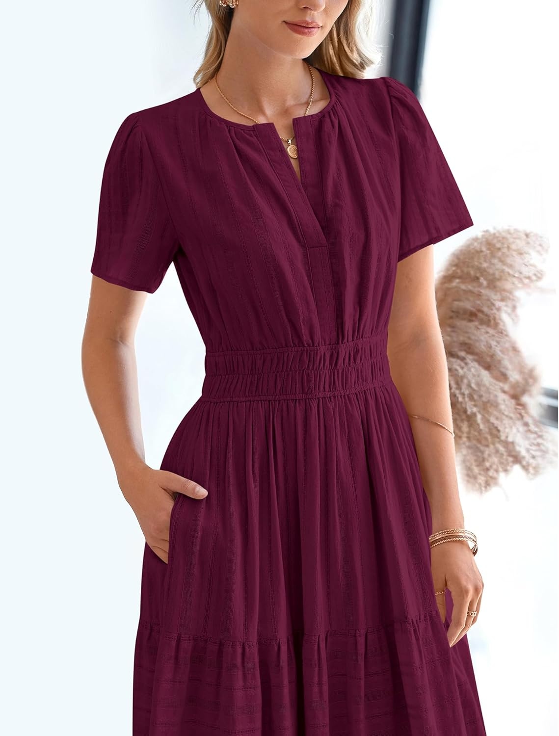 image:imageBTFBM Womens Summer 2026 Casual Midi Maxi Dresses Lightweight Short Sleeve V Neck Elastic Waist Boho Beach Dress PocketsWine Red