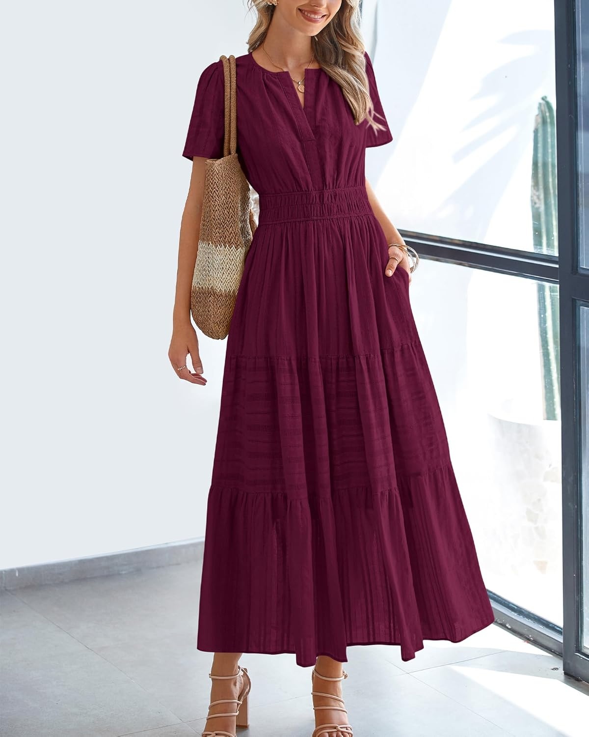 image:imageBTFBM Womens Summer 2026 Casual Midi Maxi Dresses Lightweight Short Sleeve V Neck Elastic Waist Boho Beach Dress PocketsWine Red