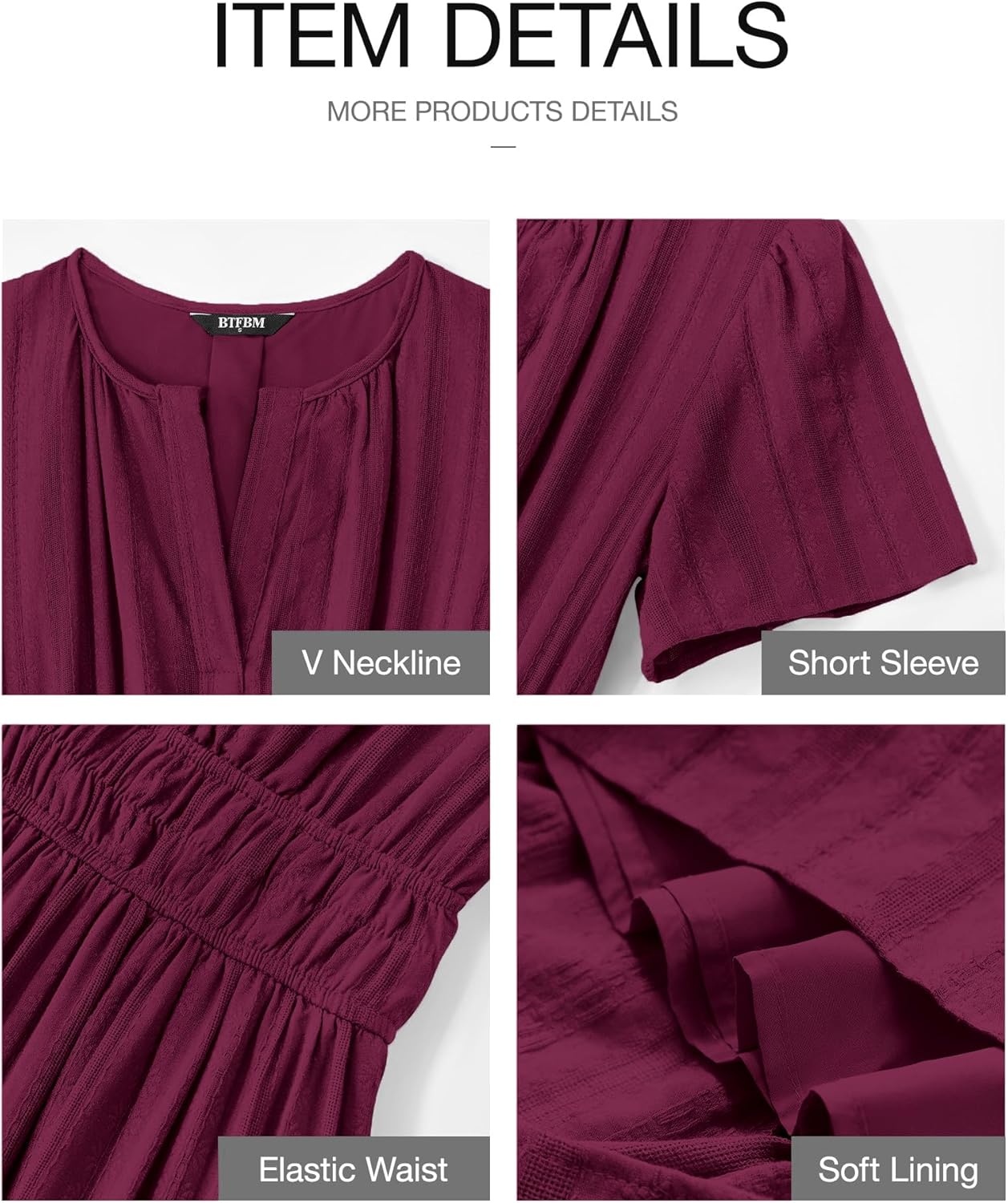 image:imageBTFBM Womens Summer 2026 Casual Midi Maxi Dresses Lightweight Short Sleeve V Neck Elastic Waist Boho Beach Dress PocketsWine Red