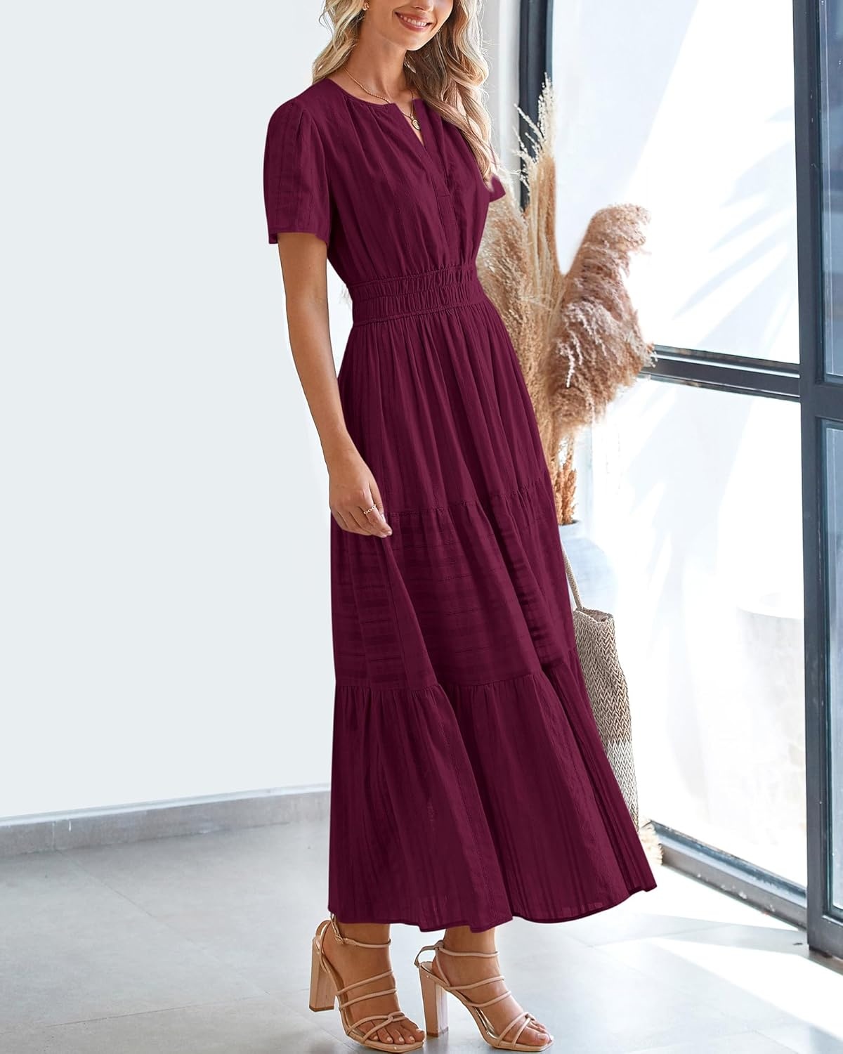 image:imageBTFBM Womens Summer 2026 Casual Midi Maxi Dresses Lightweight Short Sleeve V Neck Elastic Waist Boho Beach Dress PocketsWine Red