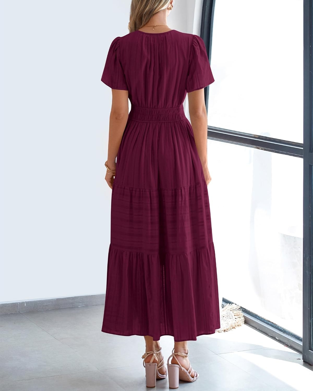 image:imageBTFBM Womens Summer 2026 Casual Midi Maxi Dresses Lightweight Short Sleeve V Neck Elastic Waist Boho Beach Dress PocketsWine Red