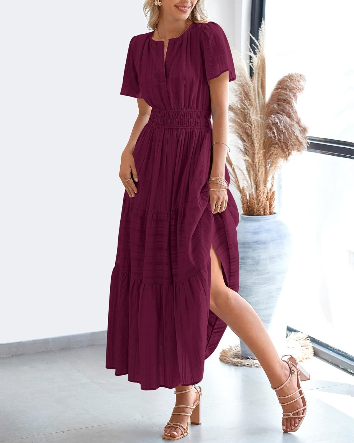 image:imageBTFBM Womens Summer 2026 Casual Midi Maxi Dresses Lightweight Short Sleeve V Neck Elastic Waist Boho Beach Dress PocketsWine Red