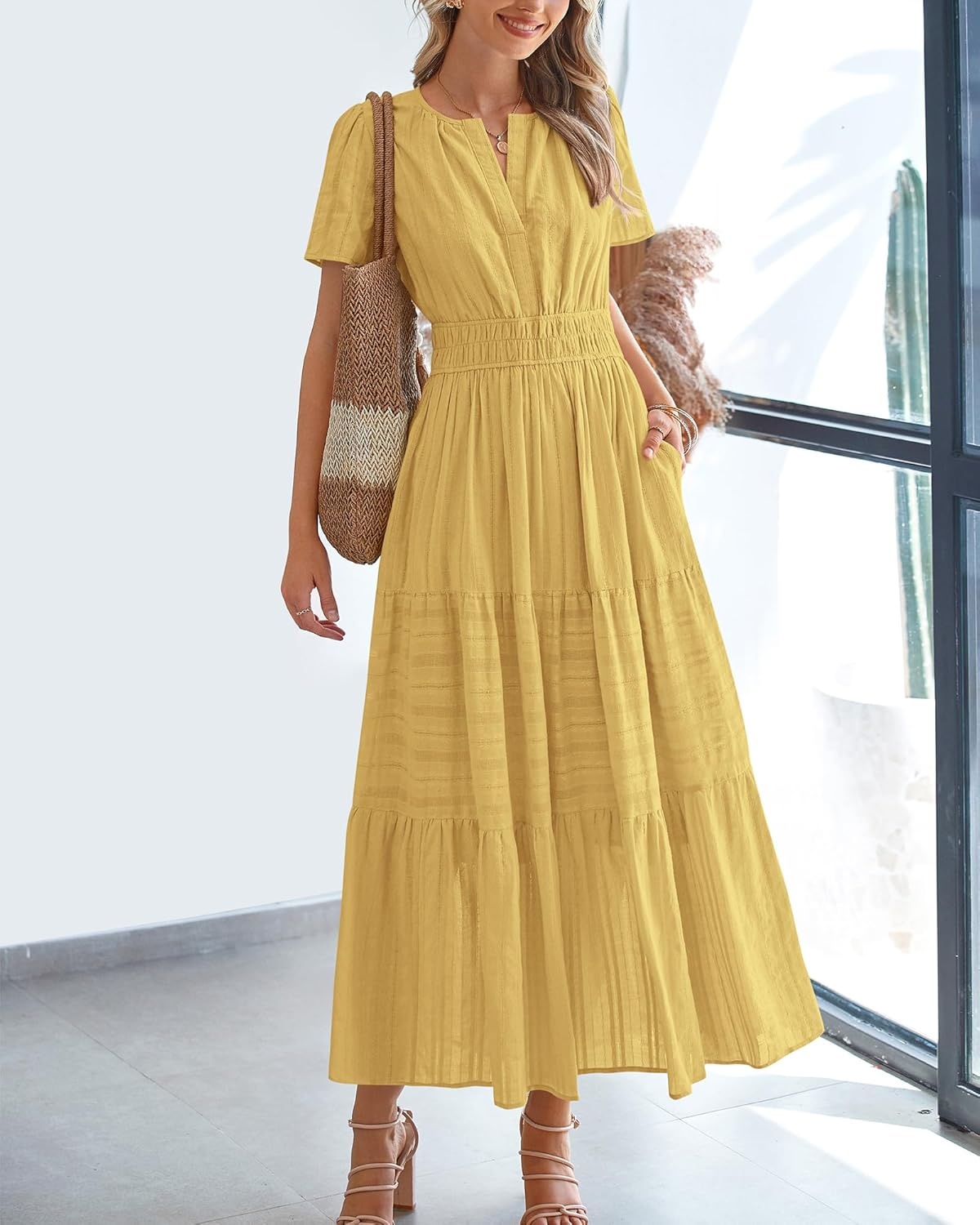 image:imageBTFBM Womens Summer 2026 Casual Midi Maxi Dresses Lightweight Short Sleeve V Neck Elastic Waist Boho Beach Dress PocketsYellow
