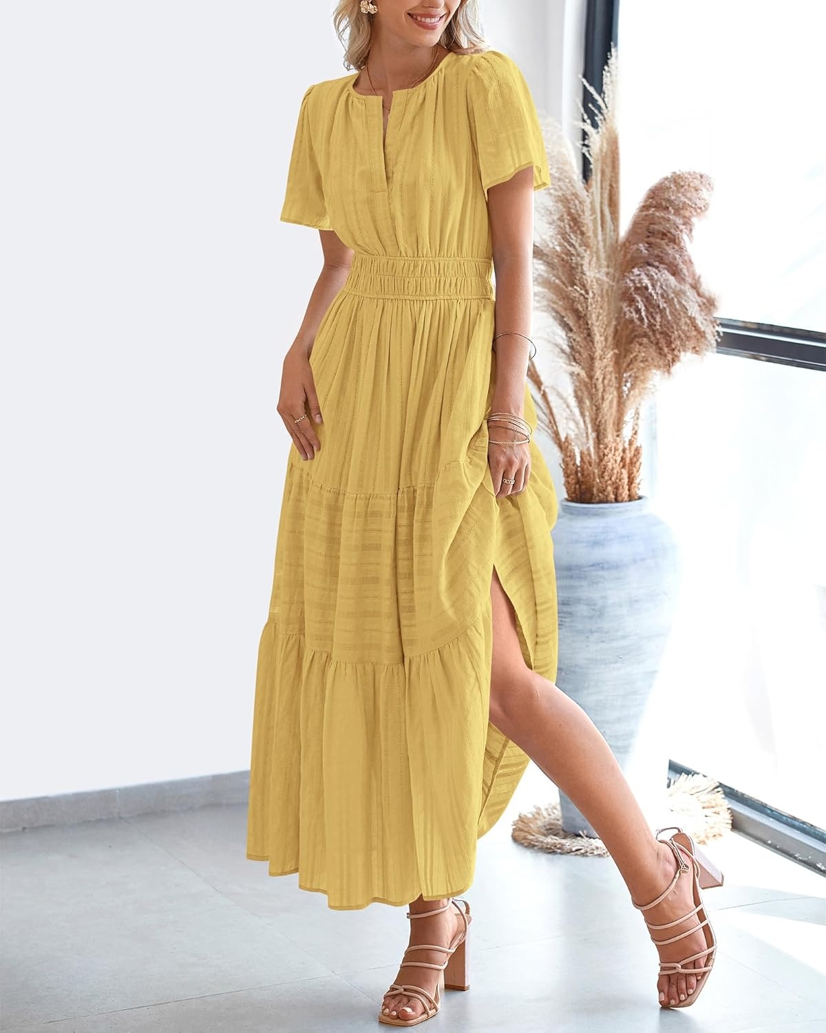 image:imageBTFBM Womens Summer 2026 Casual Midi Maxi Dresses Lightweight Short Sleeve V Neck Elastic Waist Boho Beach Dress PocketsYellow