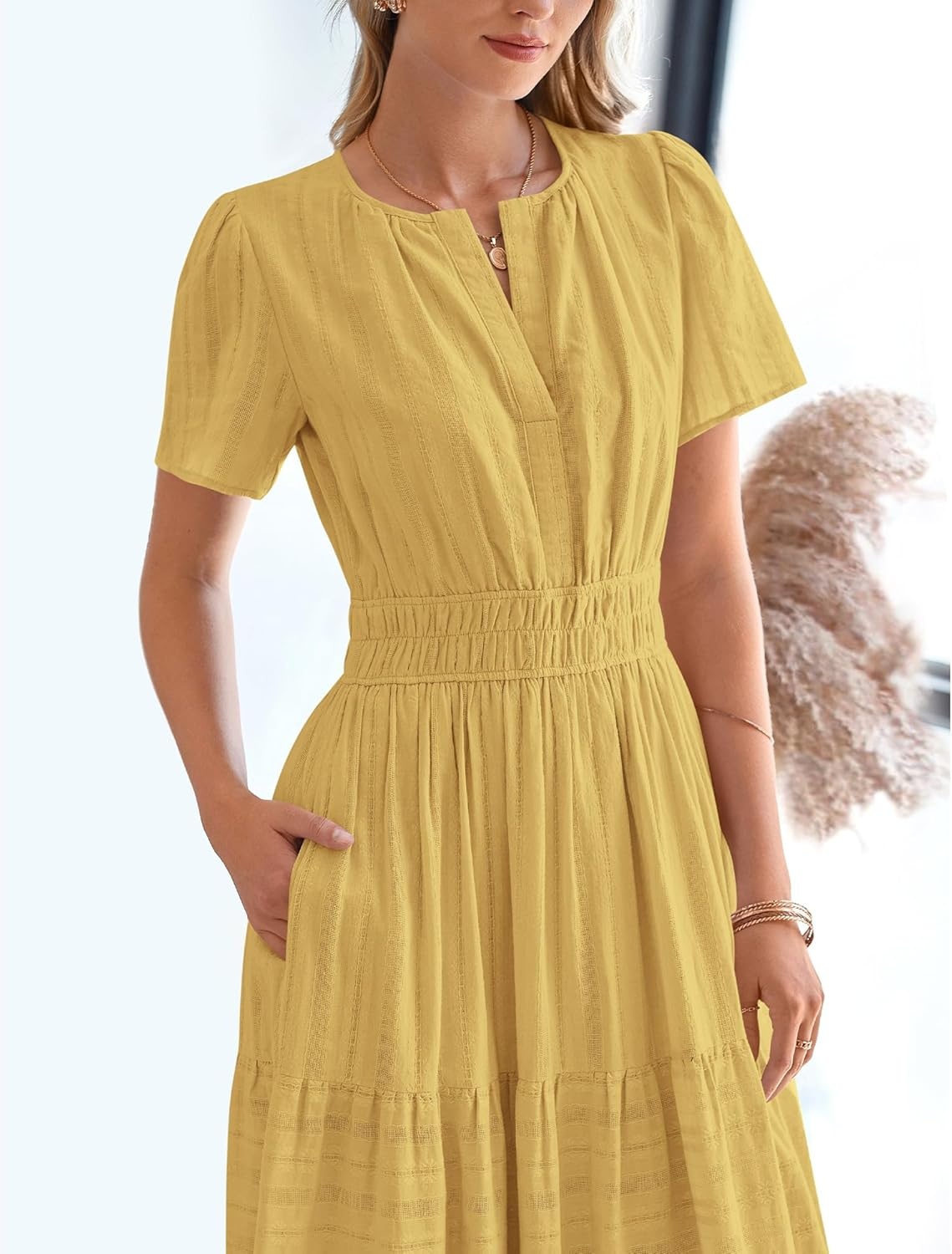 image:imageBTFBM Womens Summer 2026 Casual Midi Maxi Dresses Lightweight Short Sleeve V Neck Elastic Waist Boho Beach Dress PocketsYellow