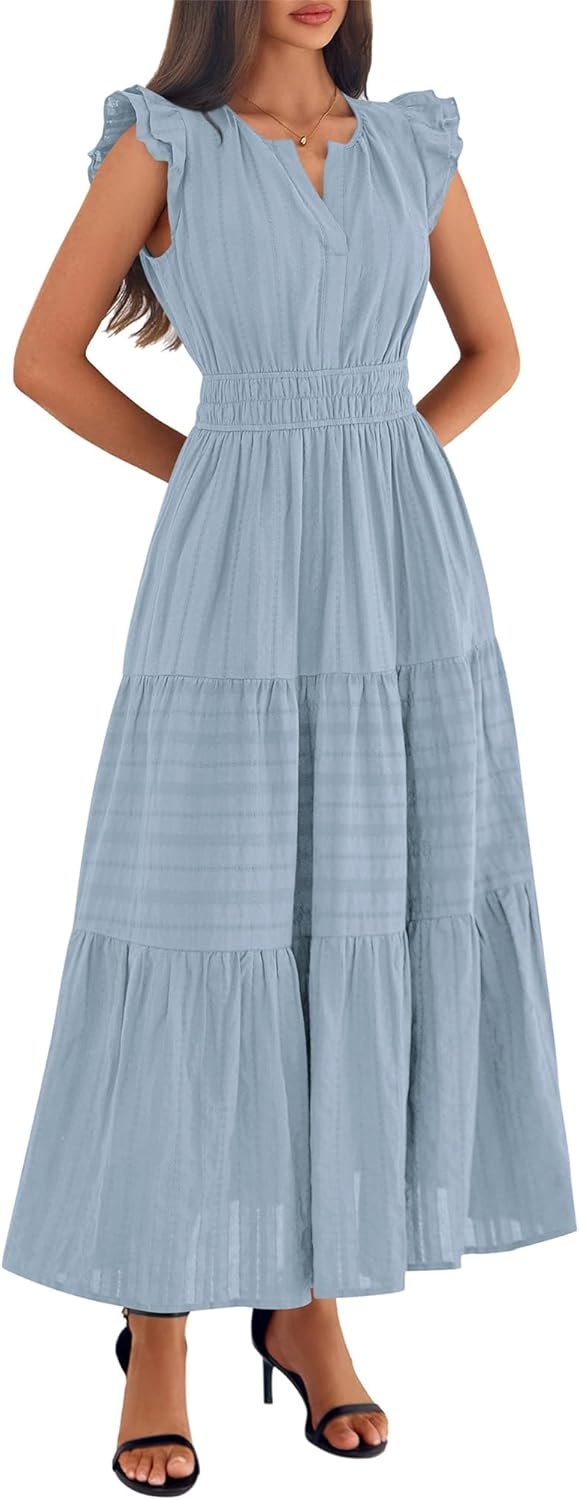 image:imageBTFBM Womens Summer Maxi Dress 2026 Spring Boho Vacation Ruffle Flutter Short Sleeve A Line Tiered Flowy Dresses PocketsBlue Grey