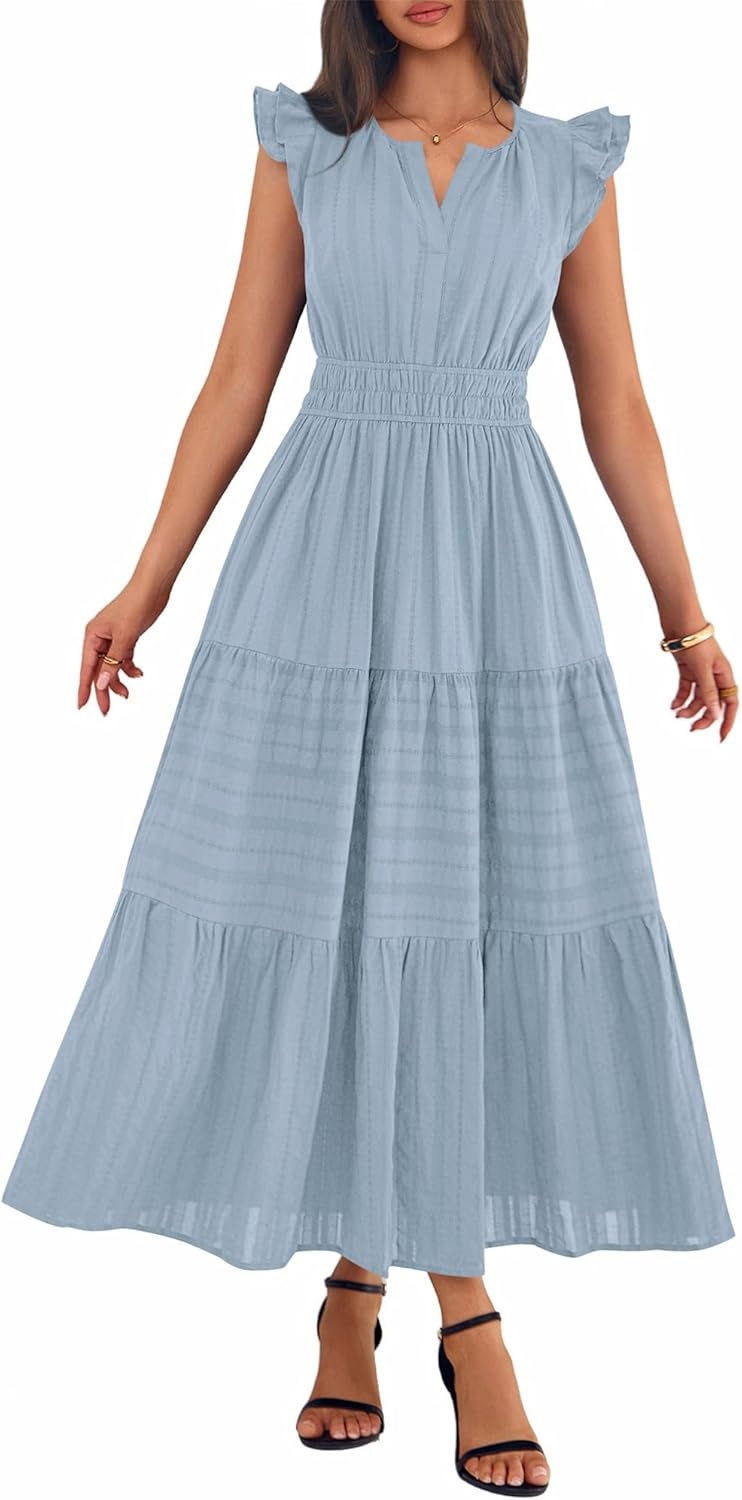 image:imageBTFBM Womens Summer Maxi Dress 2026 Spring Boho Vacation Ruffle Flutter Short Sleeve A Line Tiered Flowy Dresses PocketsBlue Grey