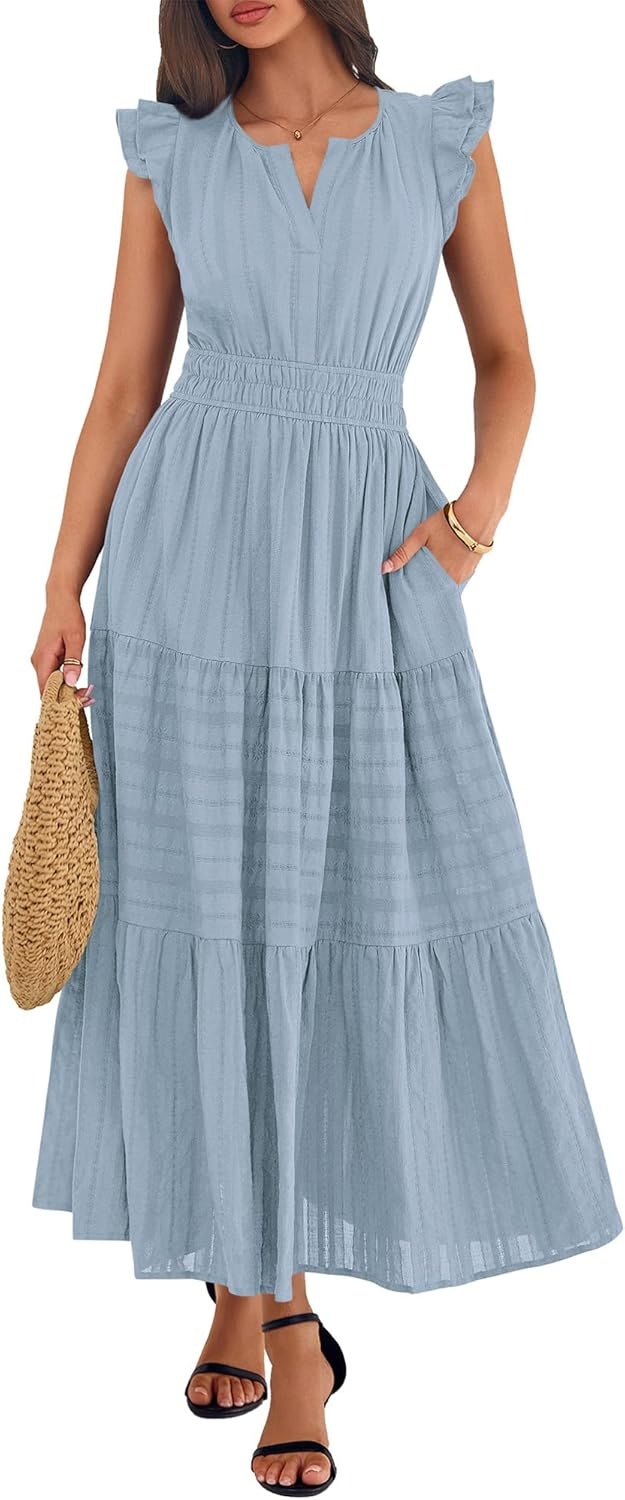 image:imageBTFBM Womens Summer Maxi Dress 2026 Spring Boho Vacation Ruffle Flutter Short Sleeve A Line Tiered Flowy Dresses PocketsBlue Grey