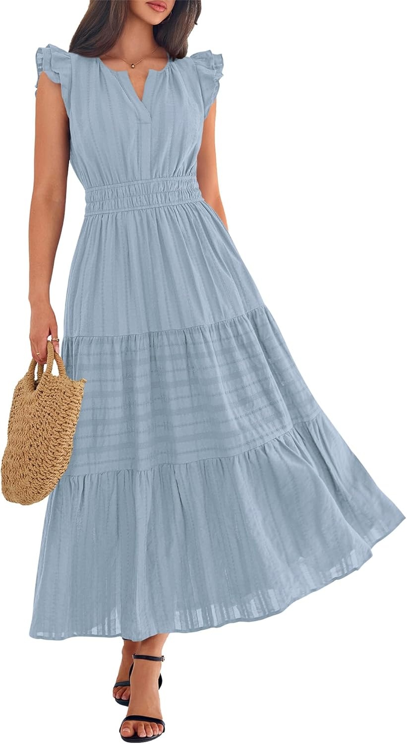 image:imageBTFBM Womens Summer Maxi Dress 2026 Spring Boho Vacation Ruffle Flutter Short Sleeve A Line Tiered Flowy Dresses PocketsBlue Grey