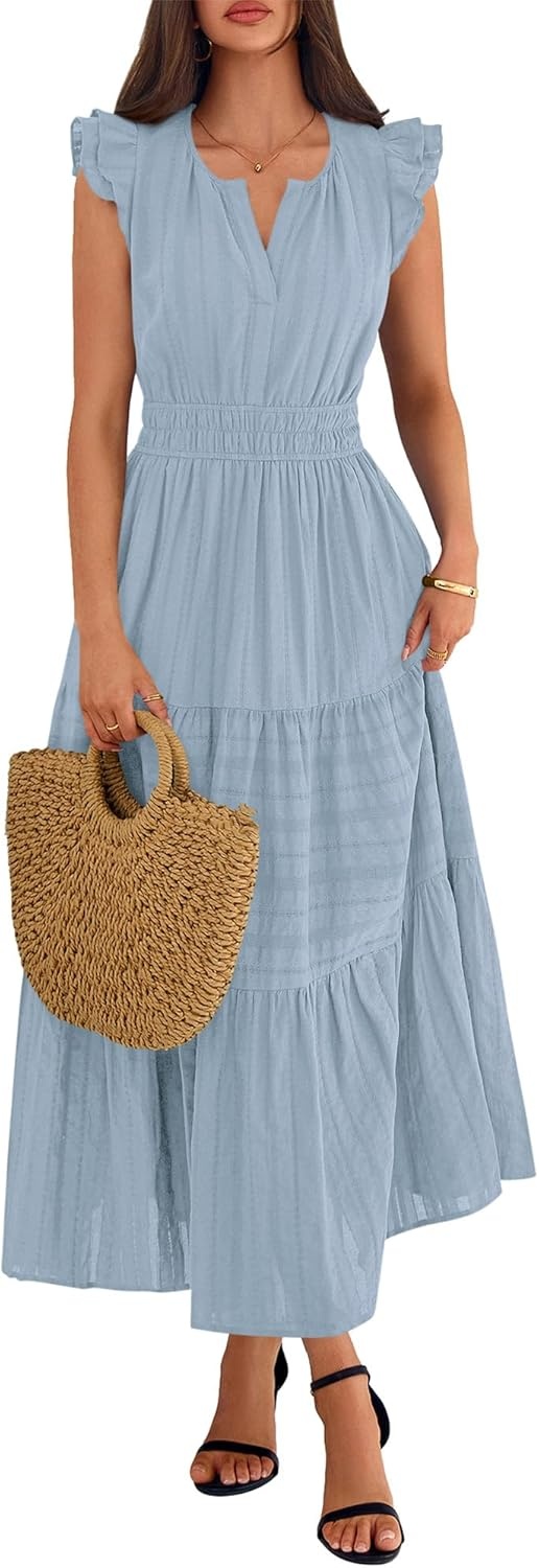 image:imageBTFBM Womens Summer Maxi Dress 2026 Spring Boho Vacation Ruffle Flutter Short Sleeve A Line Tiered Flowy Dresses PocketsBlue Grey