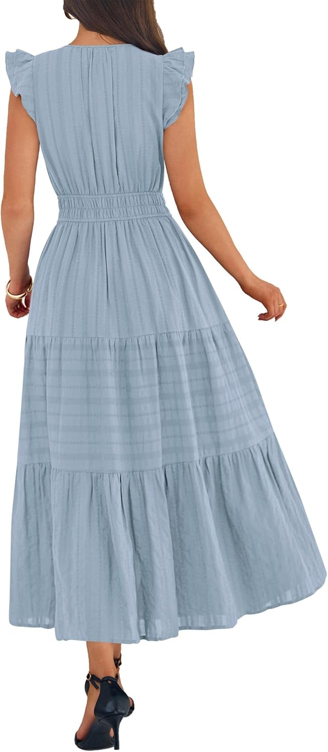 image:imageBTFBM Womens Summer Maxi Dress 2026 Spring Boho Vacation Ruffle Flutter Short Sleeve A Line Tiered Flowy Dresses PocketsBlue Grey