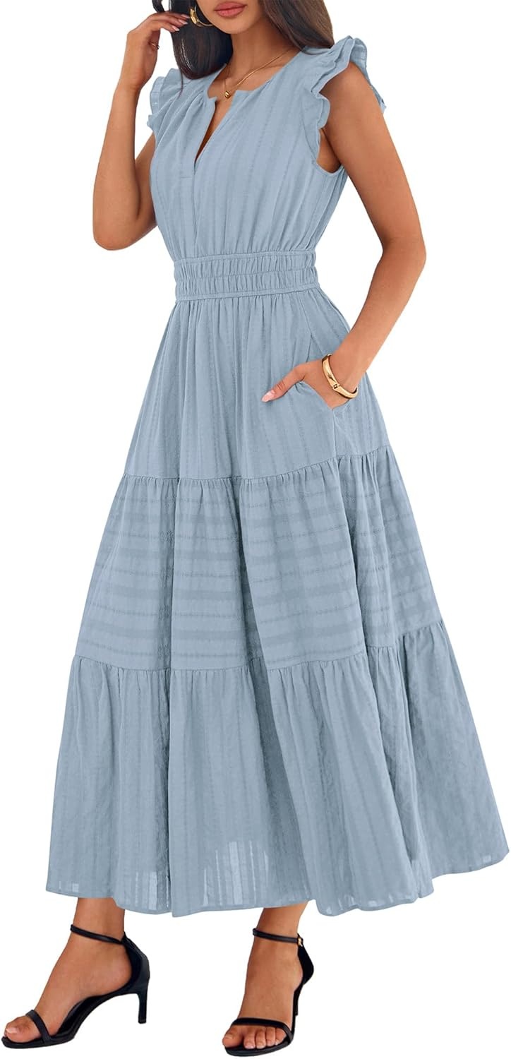 image:imageBTFBM Womens Summer Maxi Dress 2026 Spring Boho Vacation Ruffle Flutter Short Sleeve A Line Tiered Flowy Dresses PocketsBlue Grey