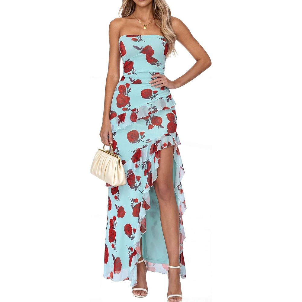 image:imageBTFBM Off The Shoulder Dresses for Women Summer 2026 Strapless Ruffle Slit Formal Wedding Guest Dress Cocktail PartyFloral Blue Rose