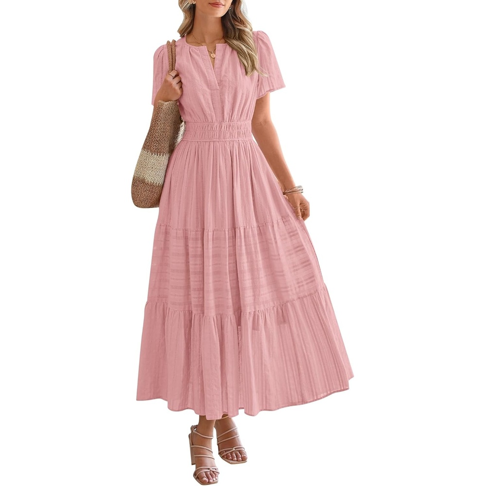 image:imageBTFBM Womens Summer 2026 Casual Midi Maxi Dresses Lightweight Short Sleeve V Neck Elastic Waist Boho Beach Dress PocketsBean Paste Pink