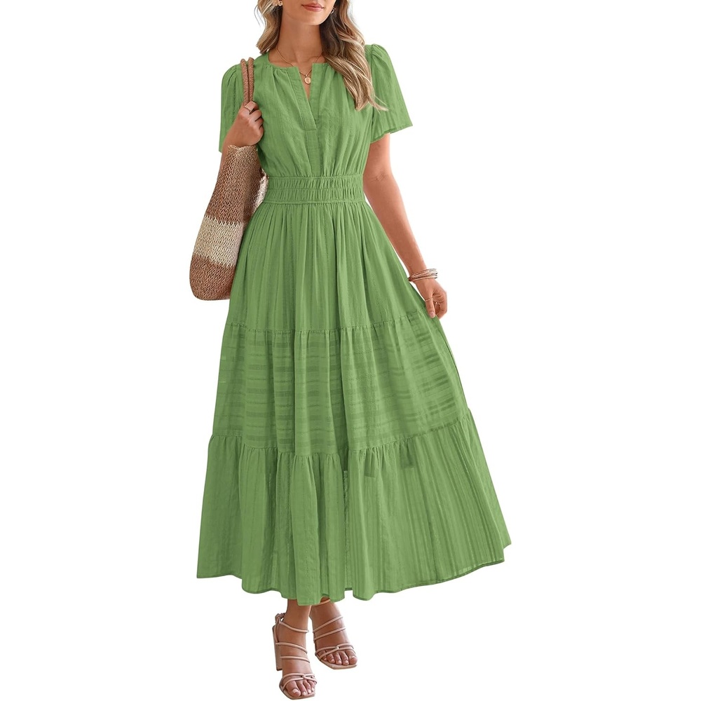 image:imageBTFBM Womens Summer 2026 Casual Midi Maxi Dresses Lightweight Short Sleeve V Neck Elastic Waist Boho Beach Dress PocketsGreen