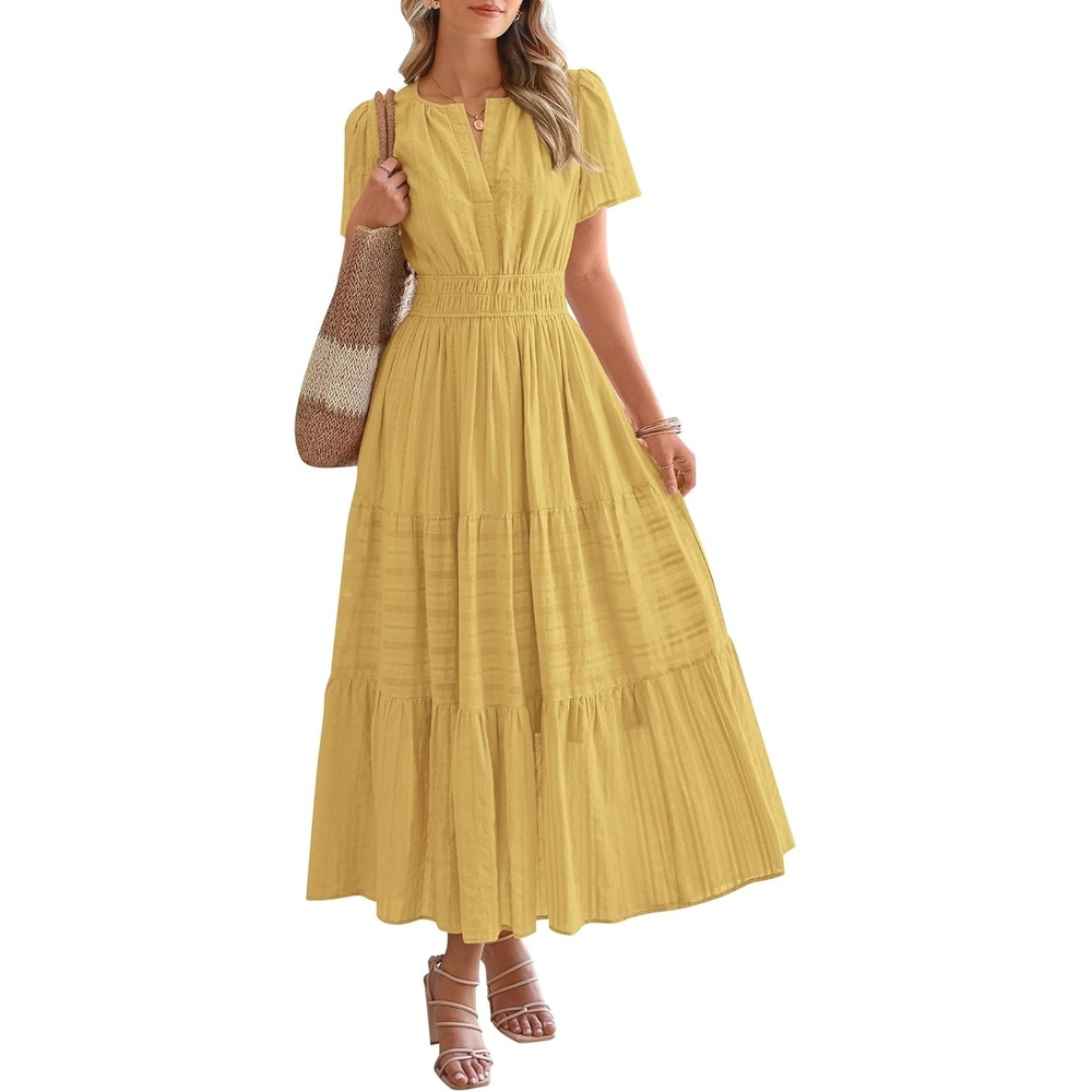image:imageBTFBM Womens Summer 2026 Casual Midi Maxi Dresses Lightweight Short Sleeve V Neck Elastic Waist Boho Beach Dress PocketsYellow