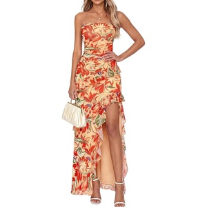 BTFBM Off The Shoulder Dresses for Women Summer 2026 Strapless Ruffle Slit Formal Wedding Guest Dress Cocktail Party(Floral Orange Red)