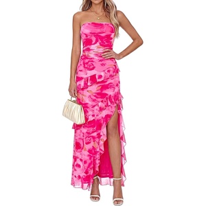 BTFBM Off The Shoulder Dresses for Women Summer 2026 Strapless Ruffle Slit Formal Wedding Guest Dress Cocktail Party(Floral Pink)