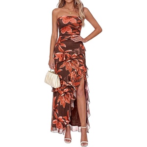 BTFBM Off The Shoulder Dresses for Women Summer 2026 Strapless Ruffle Slit Formal Wedding Guest Dress Cocktail Party(Floral Red Brown)