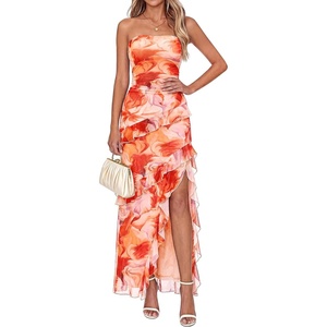 BTFBM Off The Shoulder Dresses for Women Summer 2026 Strapless Ruffle Slit Formal Wedding Guest Dress Cocktail Party(Watercolour Orange)