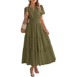 BTFBM Womens Summer 2026 Casual Midi Maxi Dresses Lightweight Short Sleeve V Neck Elastic Waist Boho Beach Dress Pockets(Army Green)