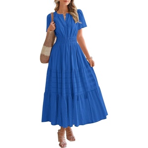 BTFBM Womens Summer 2026 Casual Midi Maxi Dresses Lightweight Short Sleeve V Neck Elastic Waist Boho Beach Dress Pockets(Blue)