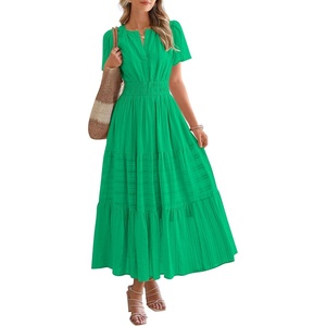 BTFBM Womens Summer 2026 Casual Midi Maxi Dresses Lightweight Short Sleeve V Neck Elastic Waist Boho Beach Dress Pockets(Bright Green)
