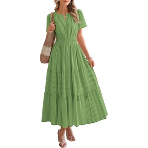 BTFBM Womens Summer 2026 Casual Midi Maxi Dresses Lightweight Short Sleeve V Neck Elastic Waist Boho Beach Dress Pockets(Green)