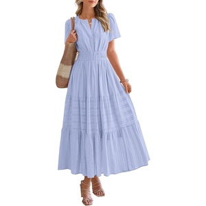 BTFBM Womens Summer 2026 Casual Midi Maxi Dresses Lightweight Short Sleeve V Neck Elastic Waist Boho Beach Dress Pockets(Light Blue)