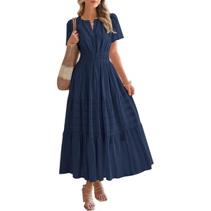 BTFBM Womens Summer 2026 Casual Midi Maxi Dresses Lightweight Short Sleeve V Neck Elastic Waist Boho Beach Dress Pockets(Navy)