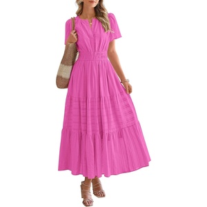 BTFBM Womens Summer 2026 Casual Midi Maxi Dresses Lightweight Short Sleeve V Neck Elastic Waist Boho Beach Dress Pockets(Rose Red)