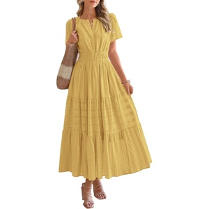 BTFBM Womens Summer 2026 Casual Midi Maxi Dresses Lightweight Short Sleeve V Neck Elastic Waist Boho Beach Dress Pockets(Yellow)