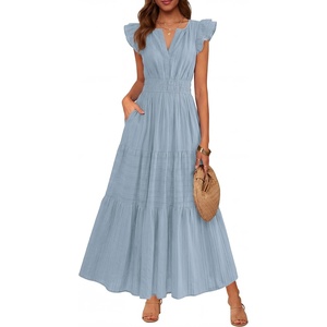 BTFBM Womens Summer Maxi Dress 2026 Spring Boho Vacation Ruffle Flutter Short Sleeve A Line Tiered Flowy Dresses Pockets(Blue Grey)