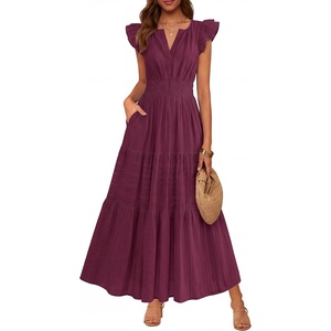 BTFBM Womens Summer Maxi Dress 2026 Spring Boho Vacation Ruffle Flutter Short Sleeve A Line Tiered Flowy Dresses Pockets(Burgundy)