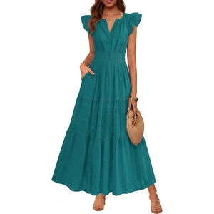 BTFBM Womens Summer Maxi Dress 2026 Spring Boho Vacation Ruffle Flutter Short Sleeve A Line Tiered Flowy Dresses Pockets(Malachite Green)