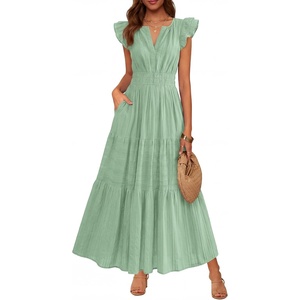 BTFBM Womens Summer Maxi Dress 2026 Spring Boho Vacation Ruffle Flutter Short Sleeve A Line Tiered Flowy Dresses Pockets(Sage Green)