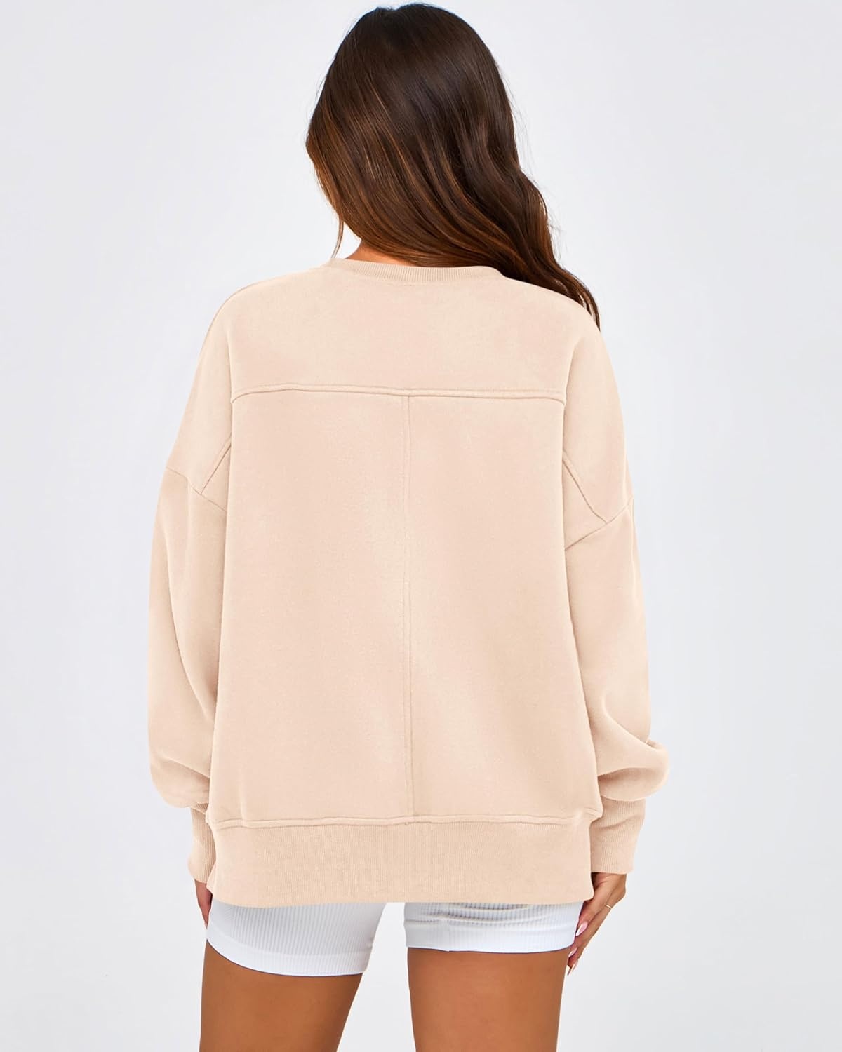 image:imageBTFBM Womens Casual Crewneck Sweatshirts 2026 Spring Long Sleeve Side Slit Workout Fleece Pullover Top Fashion ClothingBeige