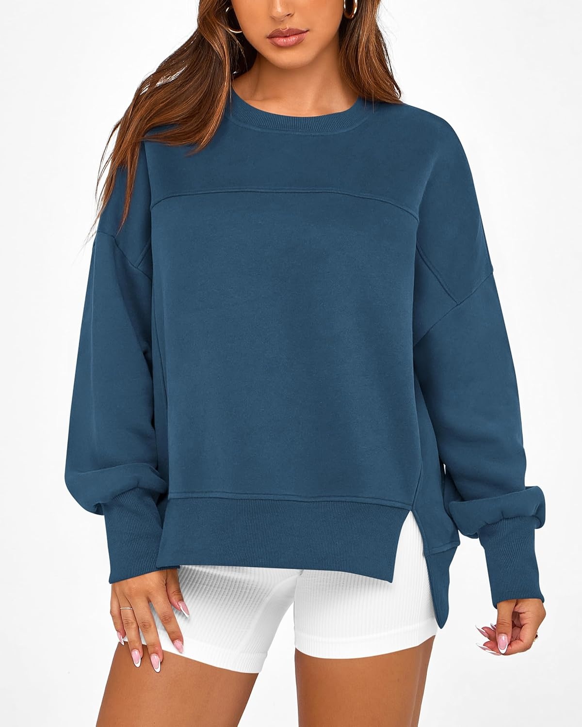 image:imageBTFBM Womens Casual Crewneck Sweatshirts 2026 Spring Long Sleeve Side Slit Workout Fleece Pullover Top Fashion ClothingDark Blue