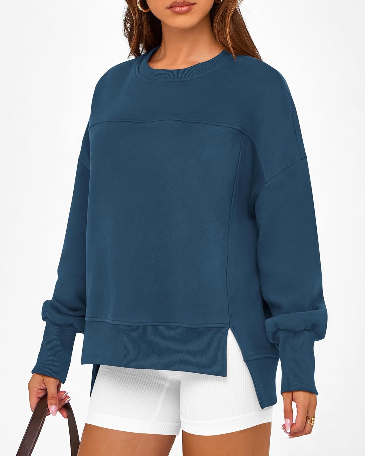 image:imageBTFBM Womens Casual Crewneck Sweatshirts 2026 Spring Long Sleeve Side Slit Workout Fleece Pullover Top Fashion ClothingDark Blue