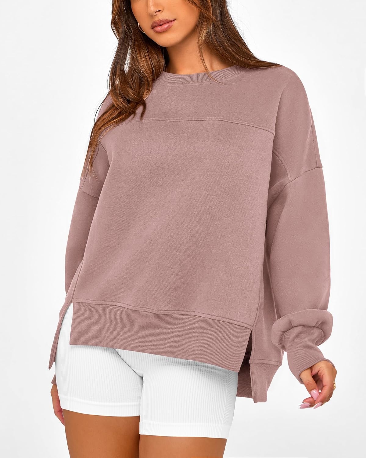 image:imageBTFBM Womens Casual Crewneck Sweatshirts 2026 Spring Long Sleeve Side Slit Workout Fleece Pullover Top Fashion ClothingGrey Pink