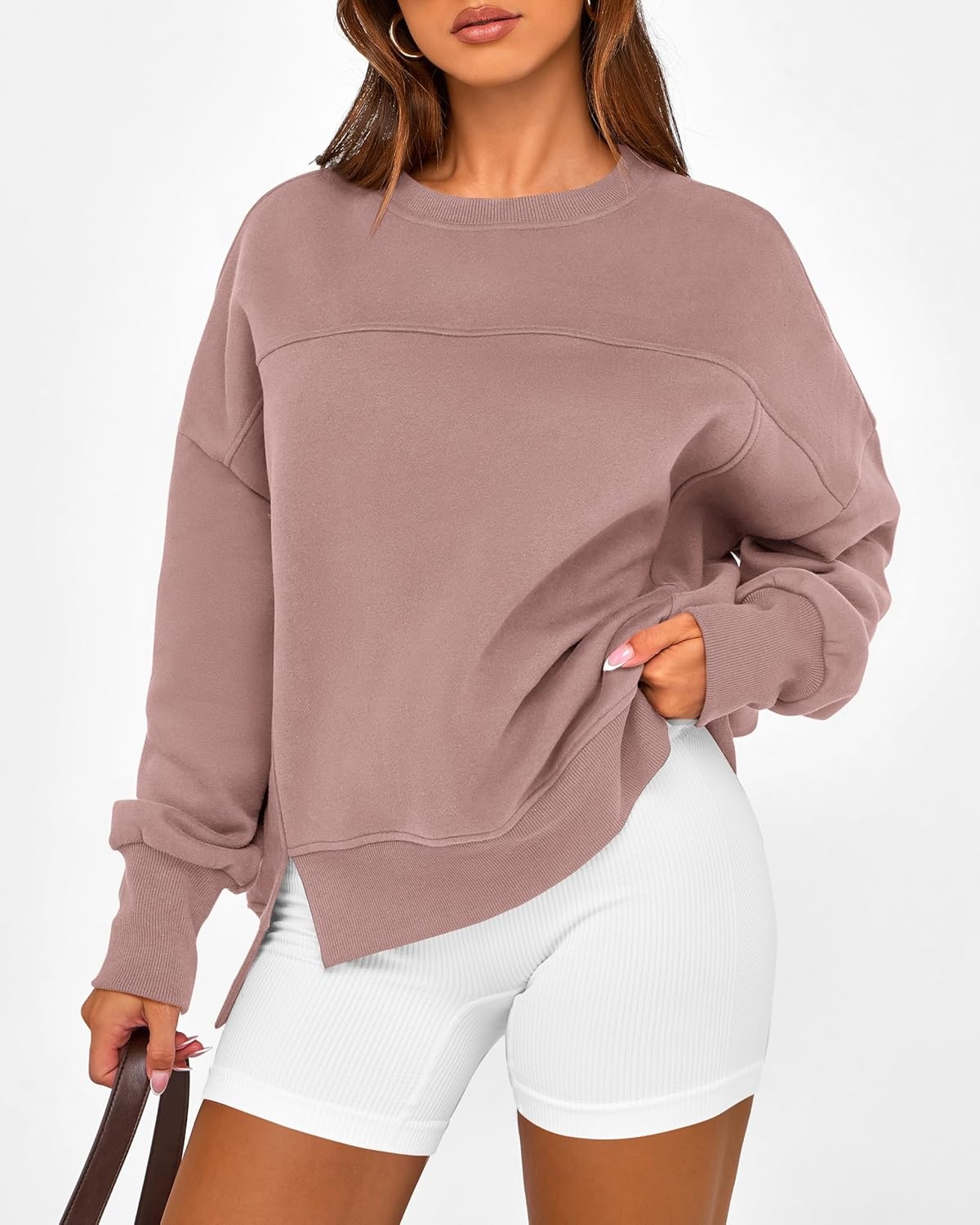 image:imageBTFBM Womens Casual Crewneck Sweatshirts 2026 Spring Long Sleeve Side Slit Workout Fleece Pullover Top Fashion ClothingGrey Pink