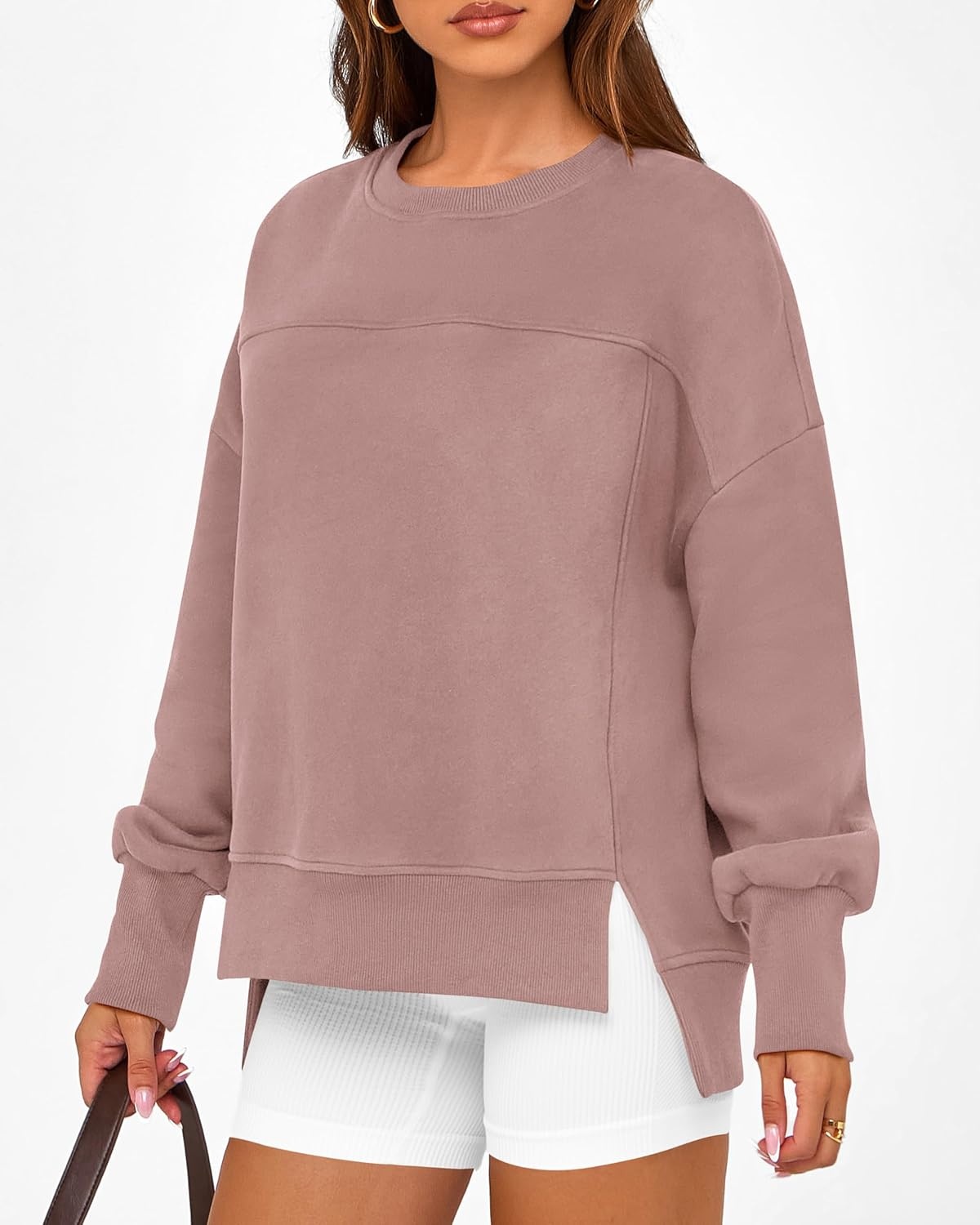 image:imageBTFBM Womens Casual Crewneck Sweatshirts 2026 Spring Long Sleeve Side Slit Workout Fleece Pullover Top Fashion ClothingGrey Pink