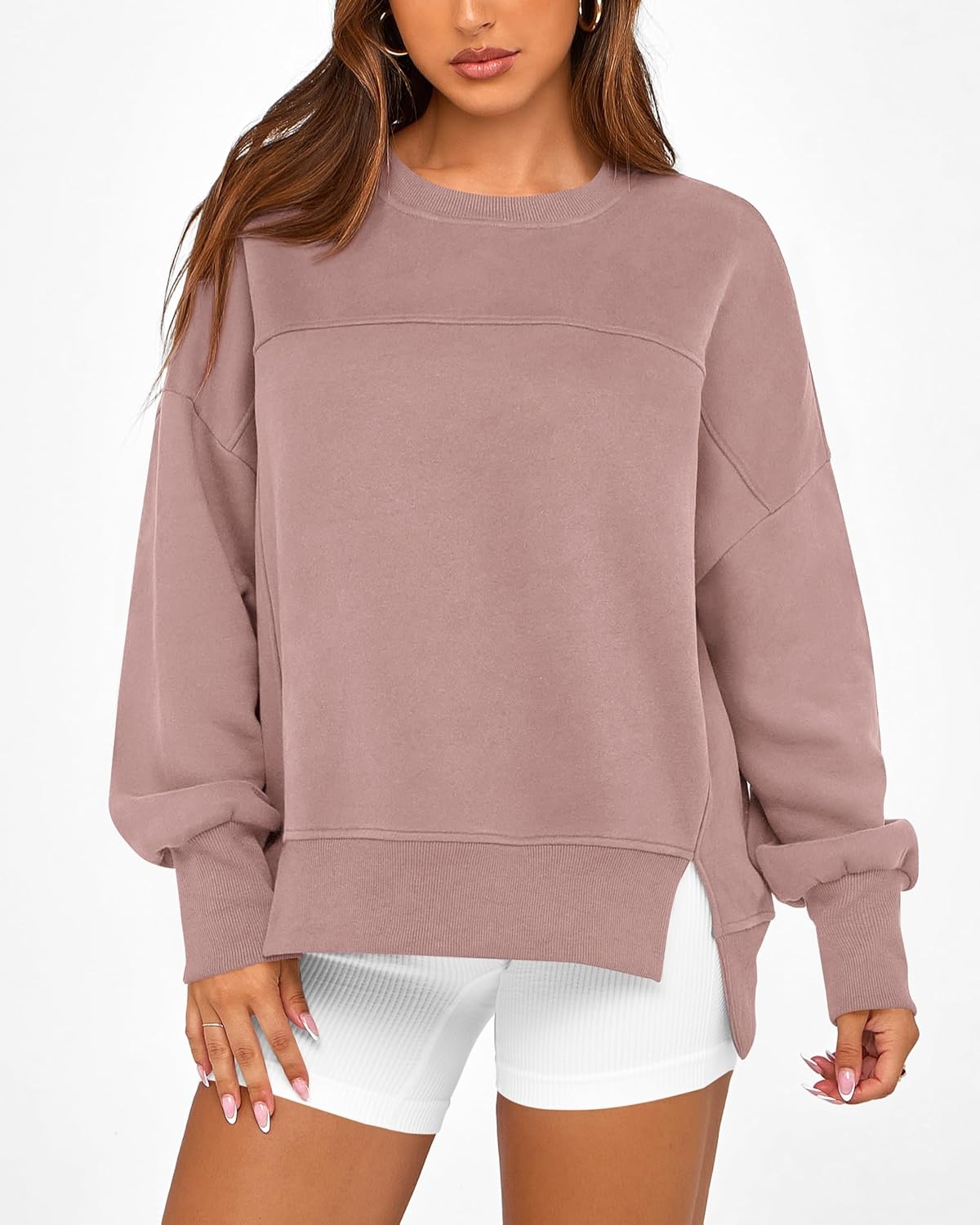 image:imageBTFBM Womens Casual Crewneck Sweatshirts 2026 Spring Long Sleeve Side Slit Workout Fleece Pullover Top Fashion ClothingGrey Pink