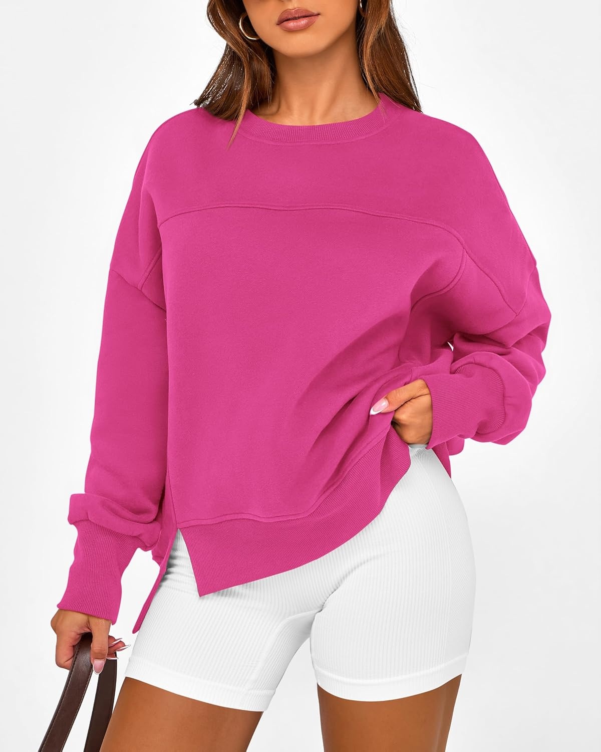 image:imageBTFBM Womens Casual Crewneck Sweatshirts 2026 Spring Long Sleeve Side Slit Workout Fleece Pullover Top Fashion ClothingRose Red