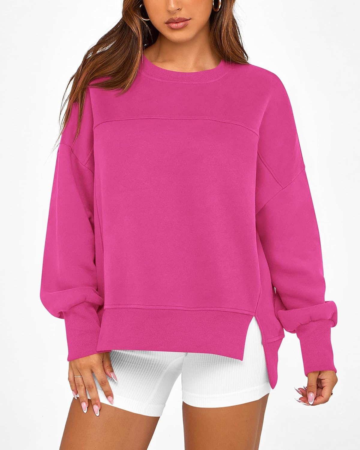 image:imageBTFBM Womens Casual Crewneck Sweatshirts 2026 Spring Long Sleeve Side Slit Workout Fleece Pullover Top Fashion ClothingRose Red