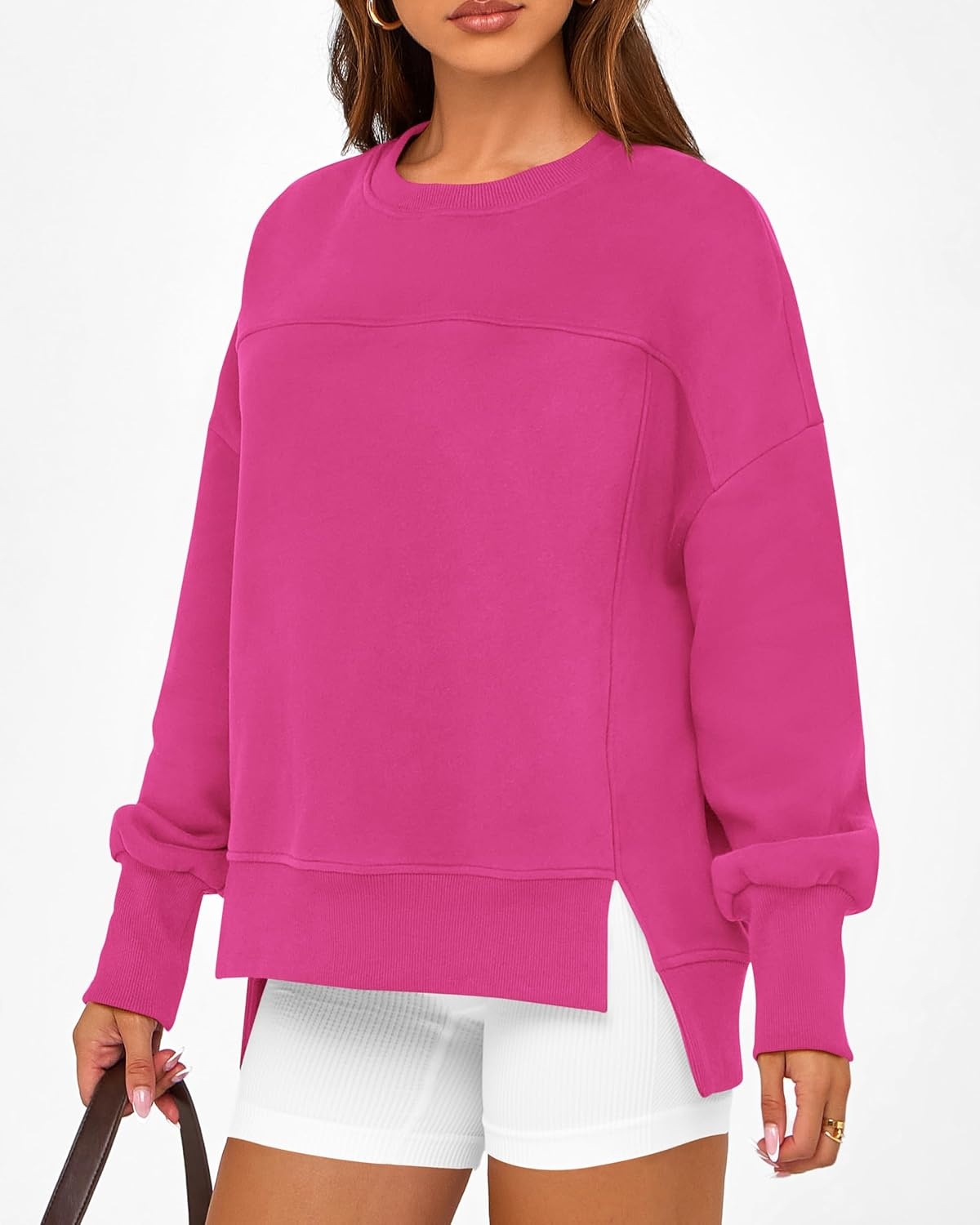 image:imageBTFBM Womens Casual Crewneck Sweatshirts 2026 Spring Long Sleeve Side Slit Workout Fleece Pullover Top Fashion ClothingRose Red